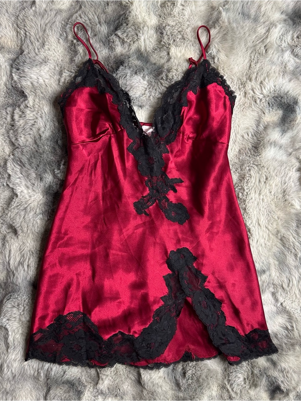 Victoria's Secret Red Satin Chemise with Black Lace Trim